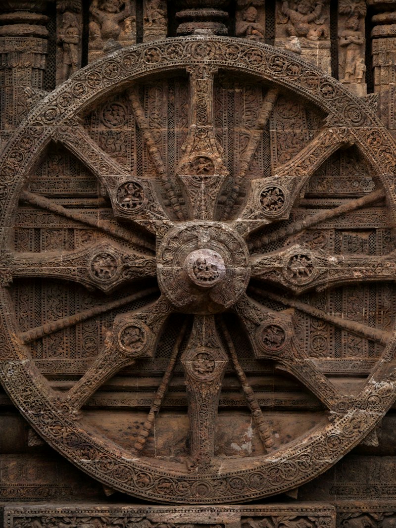 Carved stone wheel at the Konark Sun Temple, Odisha